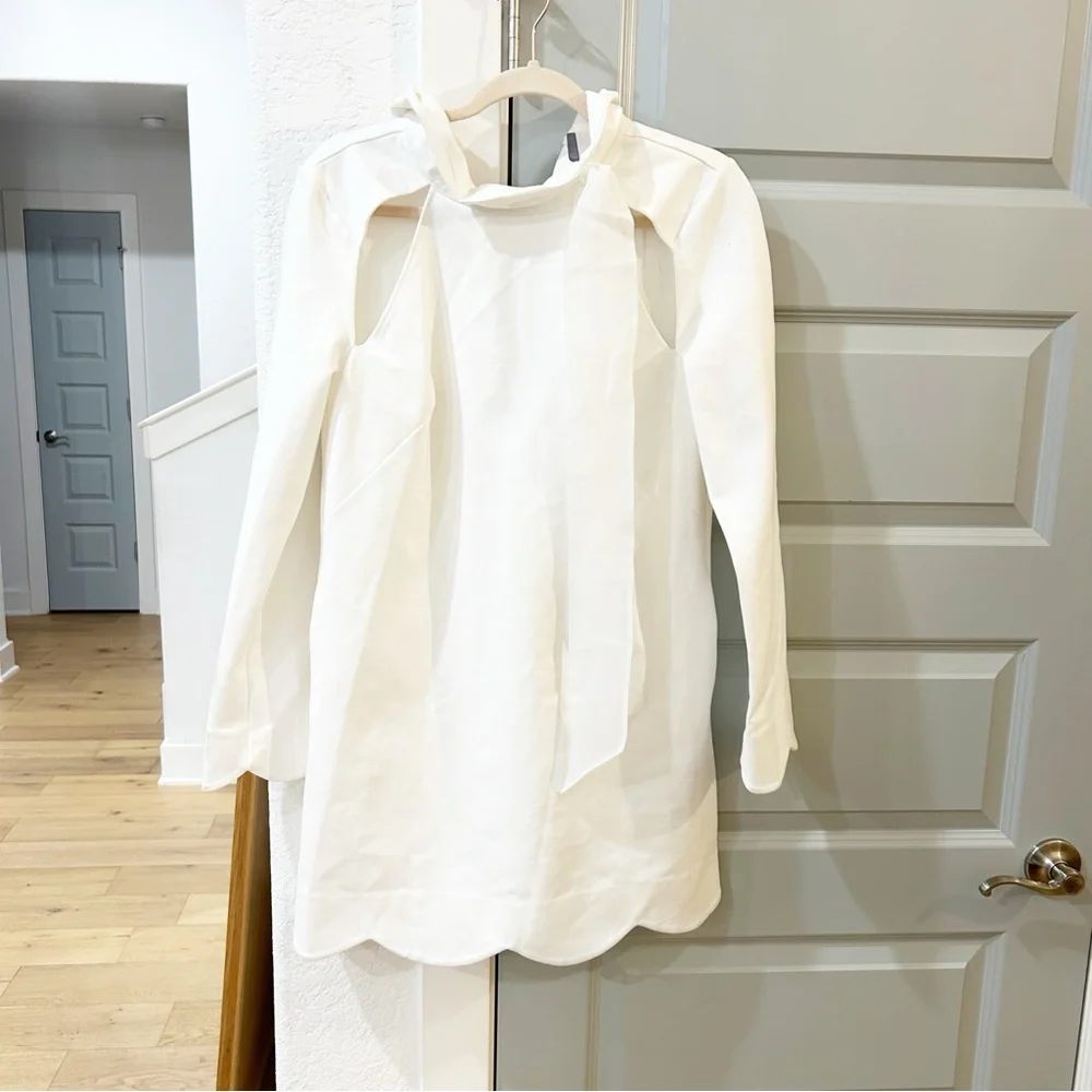 New Anthropologie BHLDN Kaia Long-Sleeve Cutout Tie-Neck Mini Dress - Picture 3 of 6